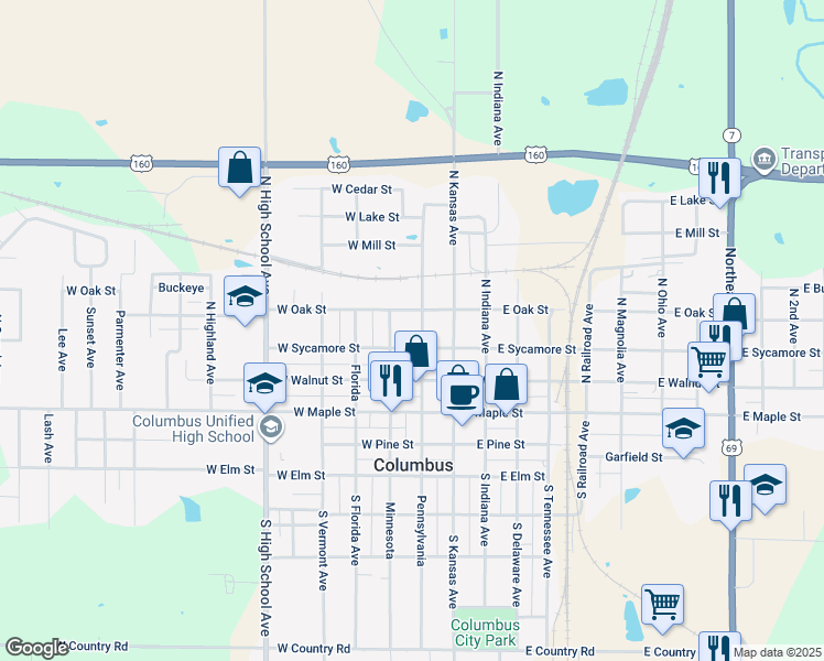 map of restaurants, bars, coffee shops, grocery stores, and more near 220 North Pennsylvania Avenue in Columbus