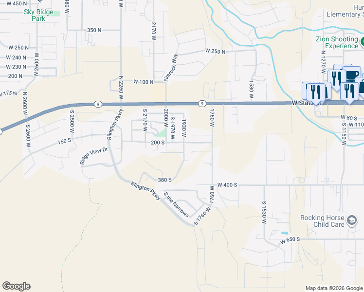 map of restaurants, bars, coffee shops, grocery stores, and more near 1933 West 200 South in Hurricane