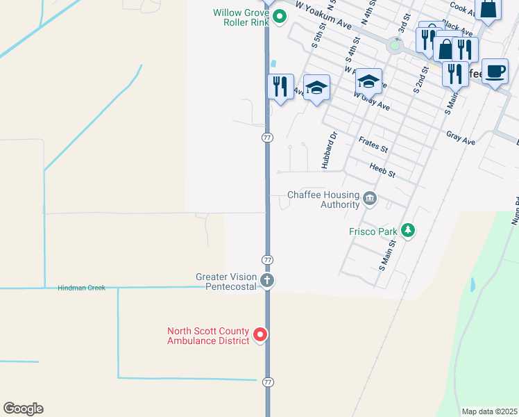 map of restaurants, bars, coffee shops, grocery stores, and more near 11707 Missouri 77 in Chaffee