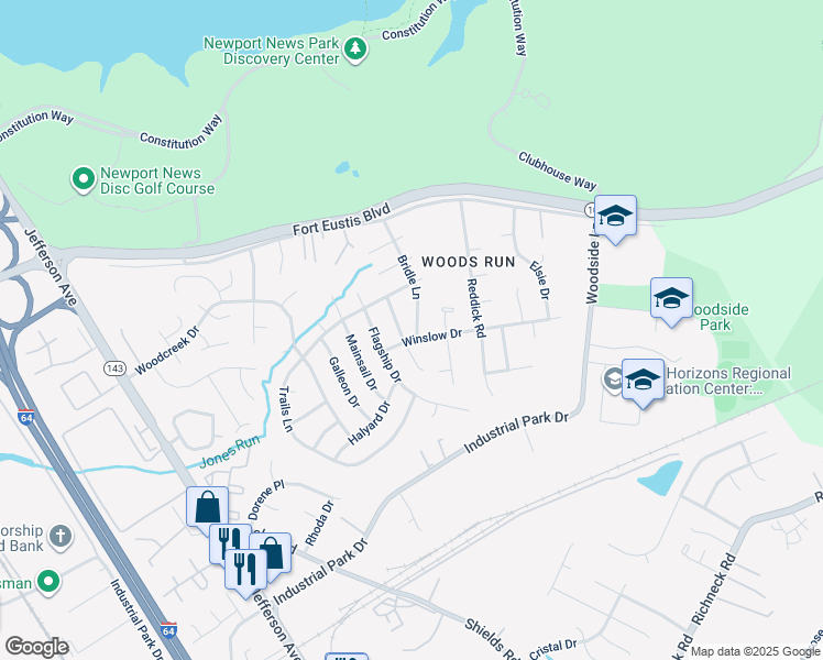 map of restaurants, bars, coffee shops, grocery stores, and more near 771 Winslow Drive in Newport News