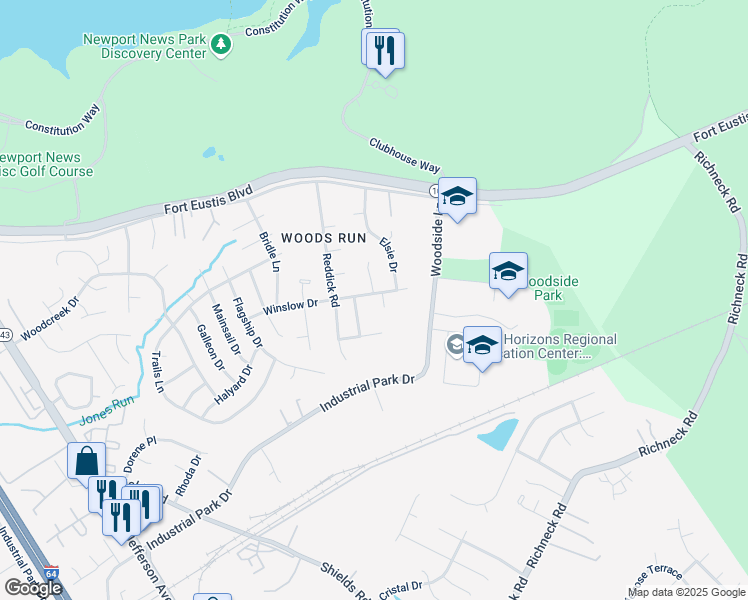 map of restaurants, bars, coffee shops, grocery stores, and more near 818 Enos Court in Newport News