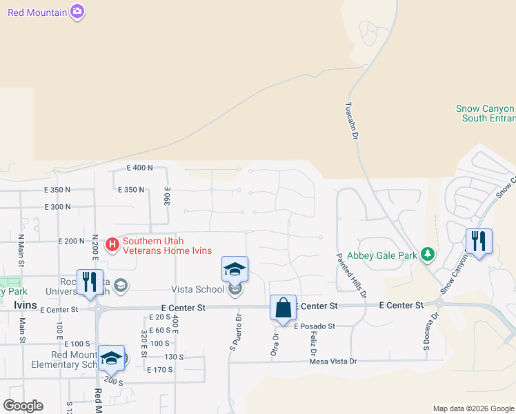 map of restaurants, bars, coffee shops, grocery stores, and more near 633 East Flint Rock Circle in Ivins