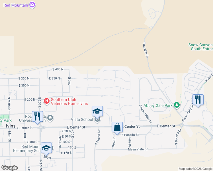 map of restaurants, bars, coffee shops, grocery stores, and more near 633 East Flint Rock Circle in Ivins