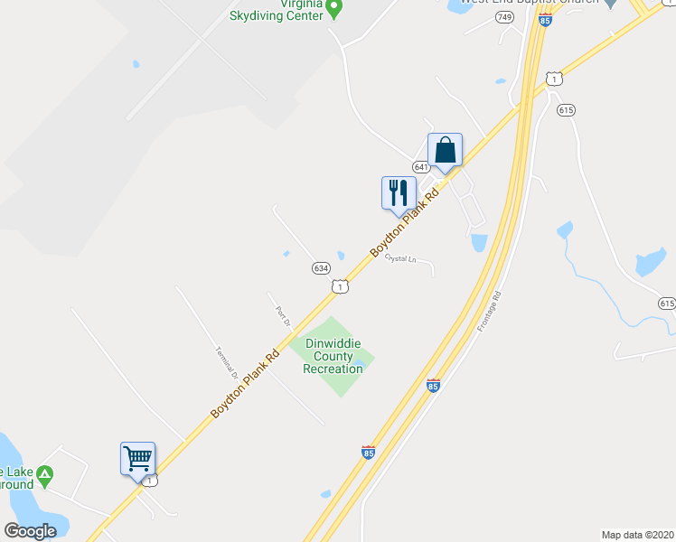 map of restaurants, bars, coffee shops, grocery stores, and more near 7130 Boydton Plank Road in Petersburg