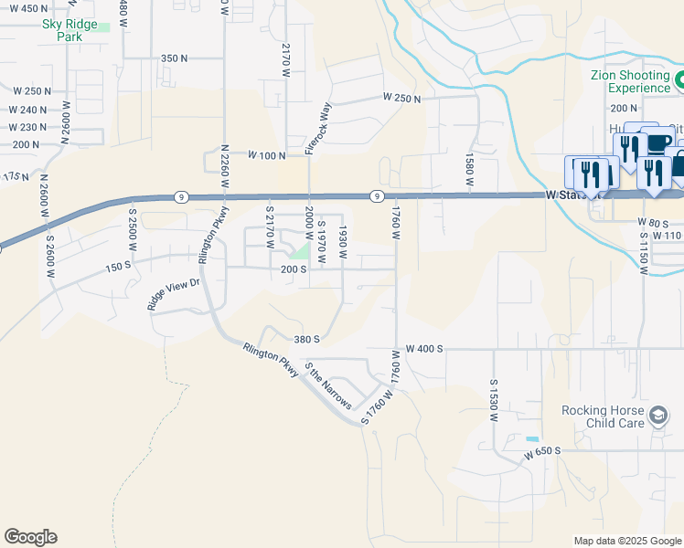 map of restaurants, bars, coffee shops, grocery stores, and more near 221 1930 West in Hurricane