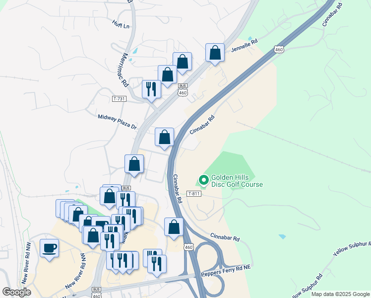 map of restaurants, bars, coffee shops, grocery stores, and more near 225 County Drive Northeast in Christiansburg