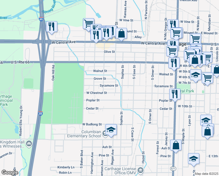 map of restaurants, bars, coffee shops, grocery stores, and more near 1033 West Chestnut Street in Carthage