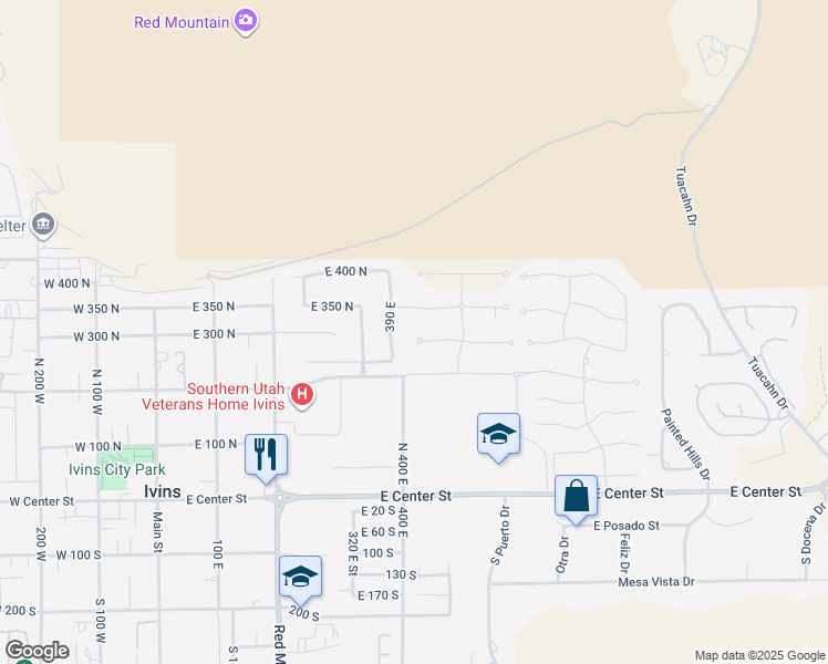 map of restaurants, bars, coffee shops, grocery stores, and more near 437 East Ridgeview Circle in Ivins