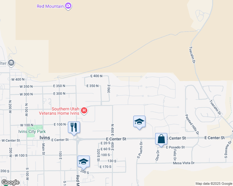 map of restaurants, bars, coffee shops, grocery stores, and more near 437 East Ridgeview Circle in Ivins
