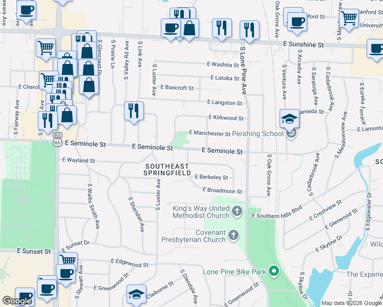 map of restaurants, bars, coffee shops, grocery stores, and more near 2227 South Marlan Avenue in Springfield