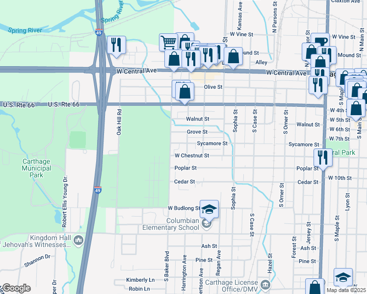 map of restaurants, bars, coffee shops, grocery stores, and more near 1125 West Chestnut Street in Carthage