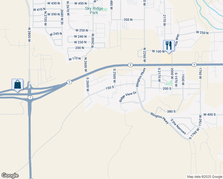 map of restaurants, bars, coffee shops, grocery stores, and more near 2513 West 150 South in Hurricane