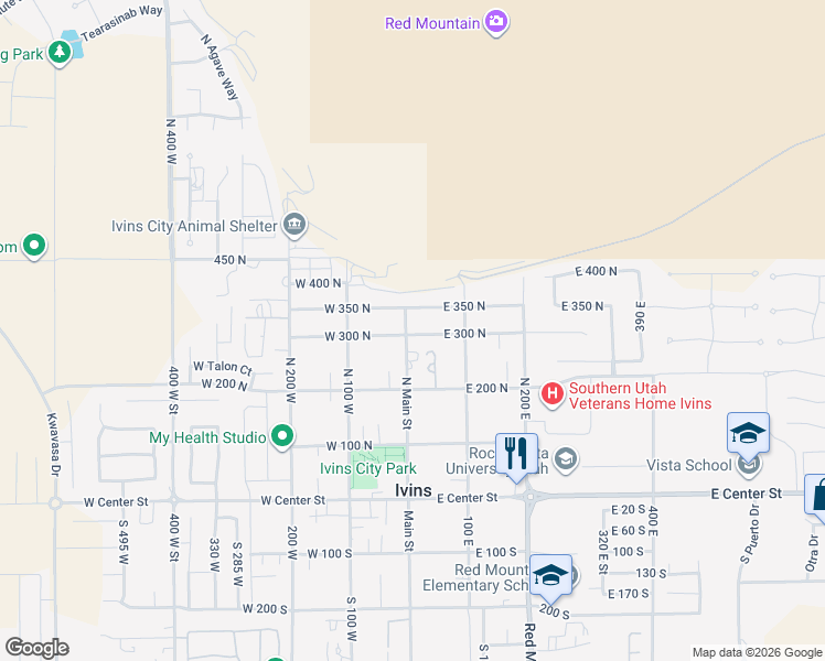 map of restaurants, bars, coffee shops, grocery stores, and more near 310 N Main St in Ivins