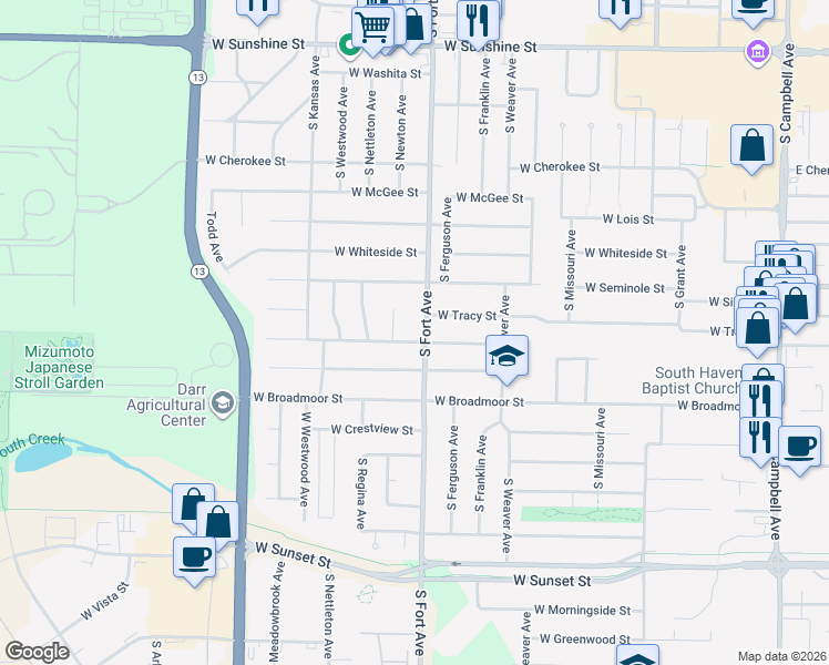 map of restaurants, bars, coffee shops, grocery stores, and more near 1232 West Wayland Street in Springfield