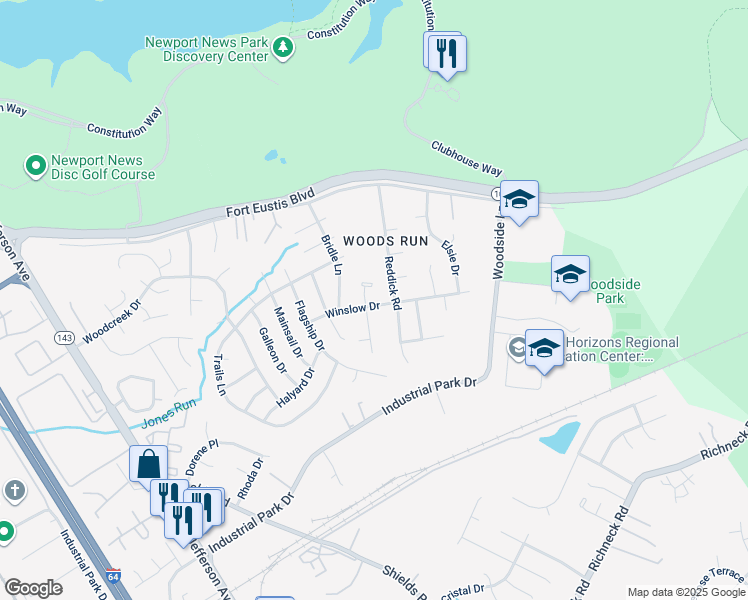 map of restaurants, bars, coffee shops, grocery stores, and more near 783 Winslow Drive in Newport News