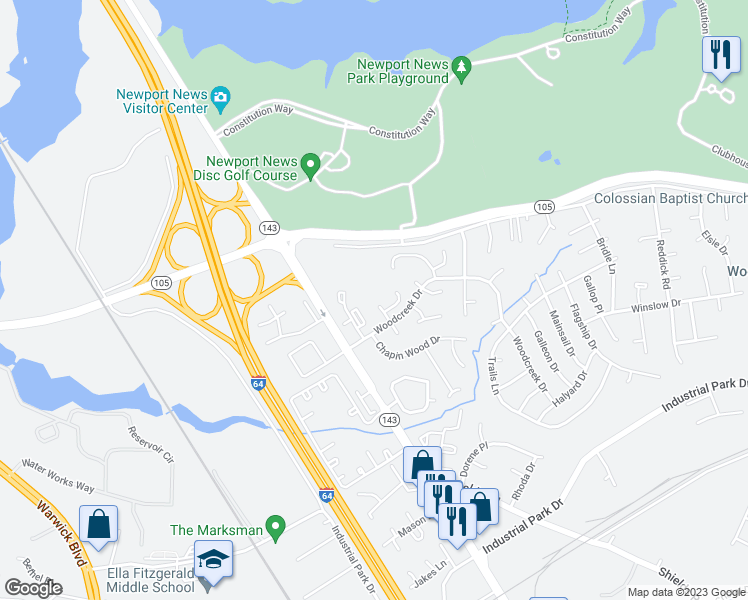 map of restaurants, bars, coffee shops, grocery stores, and more near 13427 Oakleaf Court in Newport News