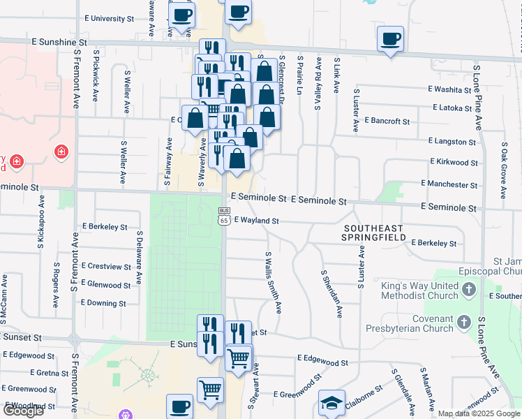 map of restaurants, bars, coffee shops, grocery stores, and more near 2214 South Brentwood Boulevard in Springfield