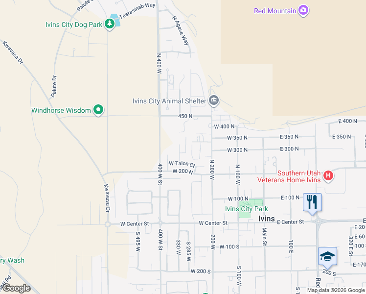 map of restaurants, bars, coffee shops, grocery stores, and more near 306 North Eagle Cove in Ivins