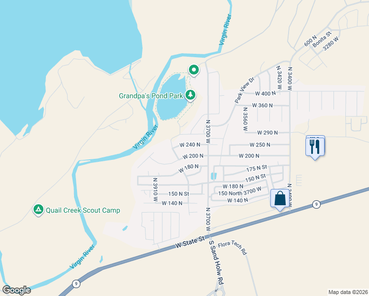 map of restaurants, bars, coffee shops, grocery stores, and more near 3819 West 240 North in Hurricane