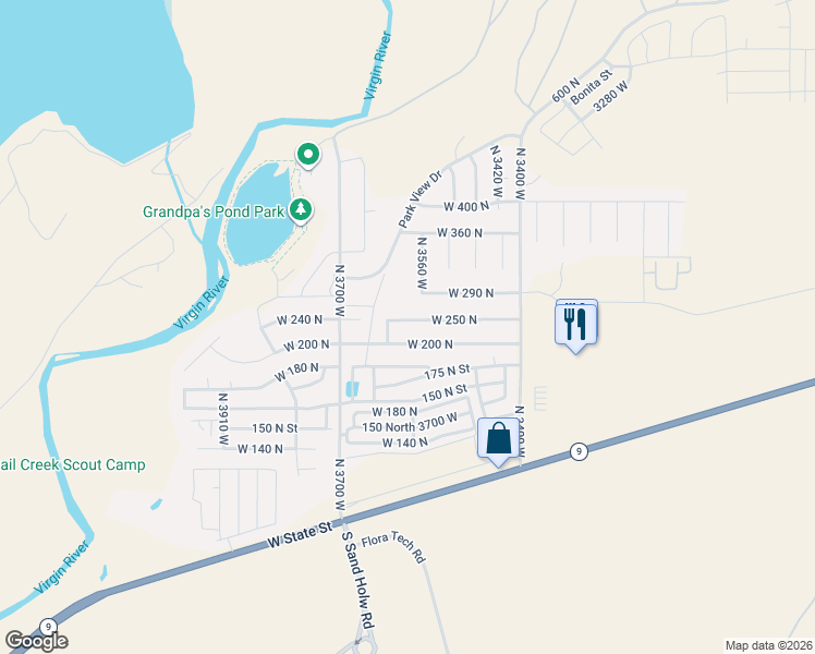 map of restaurants, bars, coffee shops, grocery stores, and more near 3571 West 250 North in Hurricane