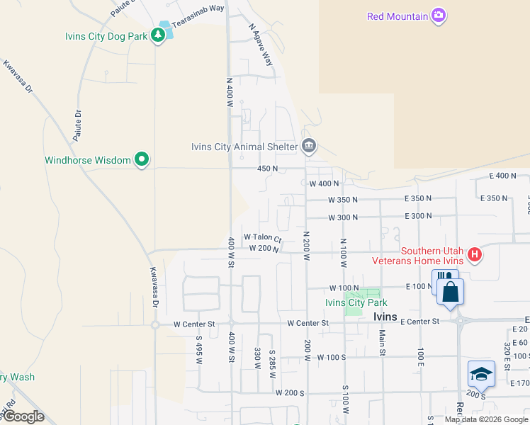 map of restaurants, bars, coffee shops, grocery stores, and more near 306 N Eagle Cove in Ivins