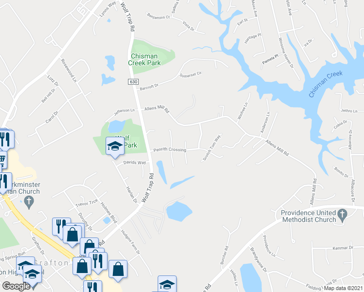 map of restaurants, bars, coffee shops, grocery stores, and more near 205 Penrith Crossing in Yorktown