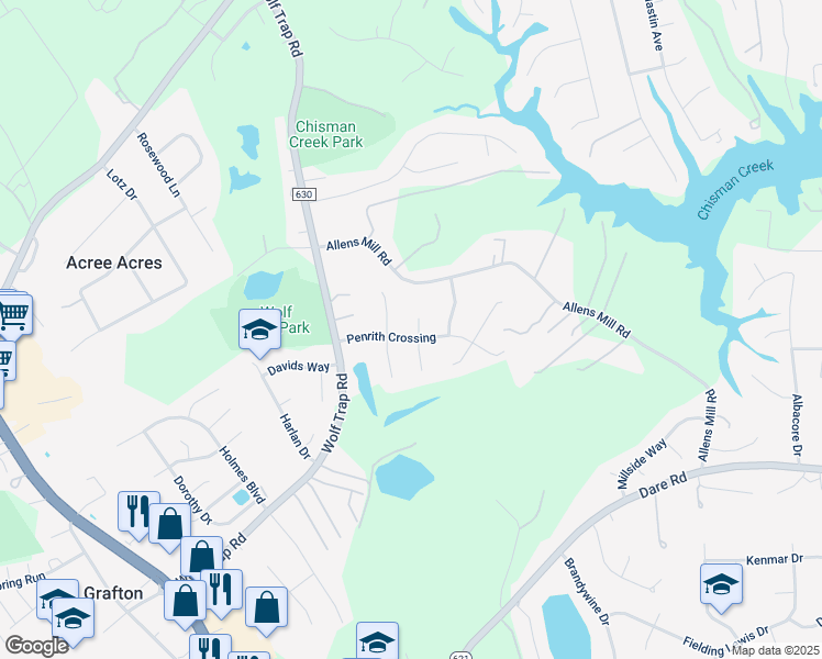 map of restaurants, bars, coffee shops, grocery stores, and more near 205 Penrith Crossing in Yorktown