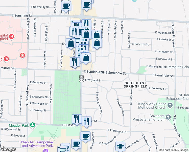map of restaurants, bars, coffee shops, grocery stores, and more near 2214 South Brentwood Boulevard in Springfield