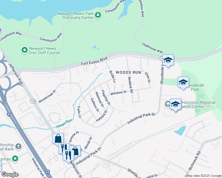 map of restaurants, bars, coffee shops, grocery stores, and more near 110 Gallop Place in Newport News