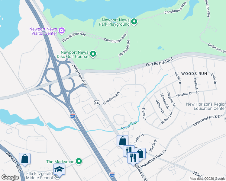map of restaurants, bars, coffee shops, grocery stores, and more near 13419 Oakleaf Court in Newport News