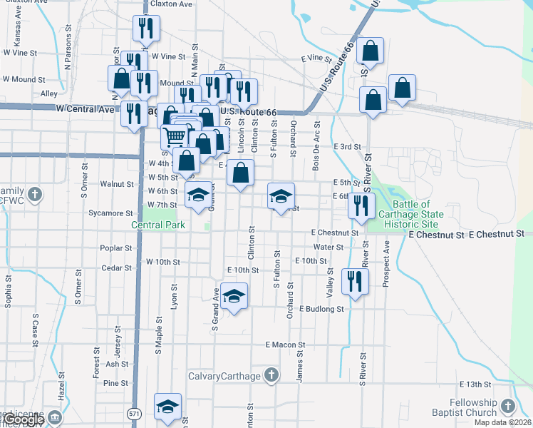 map of restaurants, bars, coffee shops, grocery stores, and more near 517 East Chestnut Street in Carthage