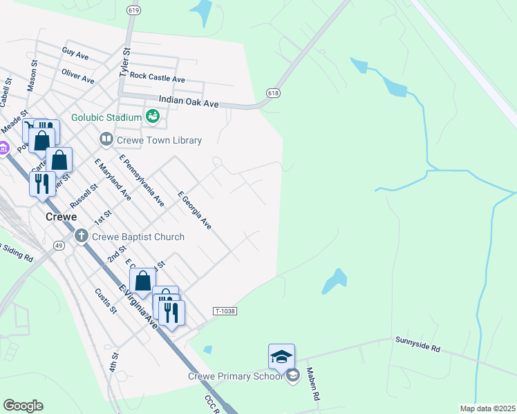 map of restaurants, bars, coffee shops, grocery stores, and more near 608 East England Avenue in Crewe