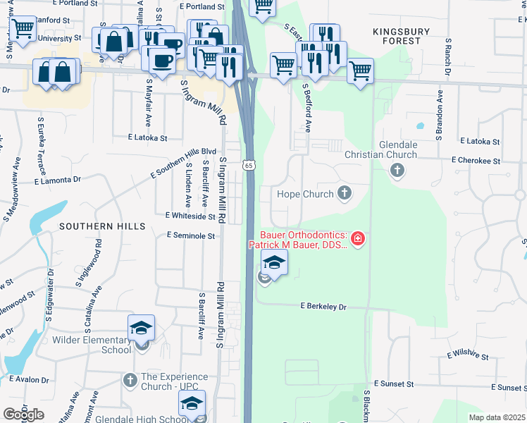map of restaurants, bars, coffee shops, grocery stores, and more near 2117 South Eastgate Avenue in Springfield