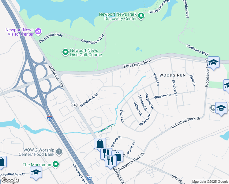 map of restaurants, bars, coffee shops, grocery stores, and more near 912 Cherry Creek Drive in Newport News