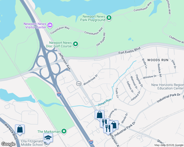 map of restaurants, bars, coffee shops, grocery stores, and more near 13419 Oakleaf Court in Newport News
