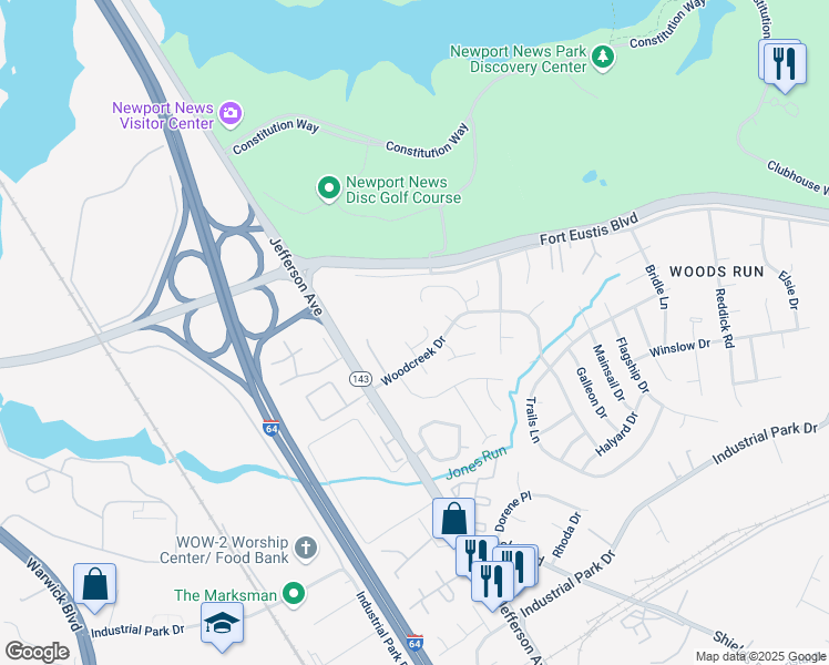 map of restaurants, bars, coffee shops, grocery stores, and more near 13419 Oakleaf Court in Newport News