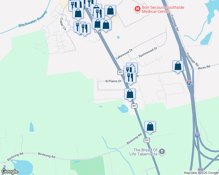 map of restaurants, bars, coffee shops, grocery stores, and more near 110 South Plains Drive in Petersburg