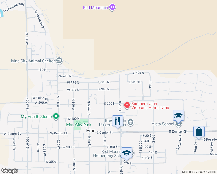 map of restaurants, bars, coffee shops, grocery stores, and more near 125 East 300 North in Ivins