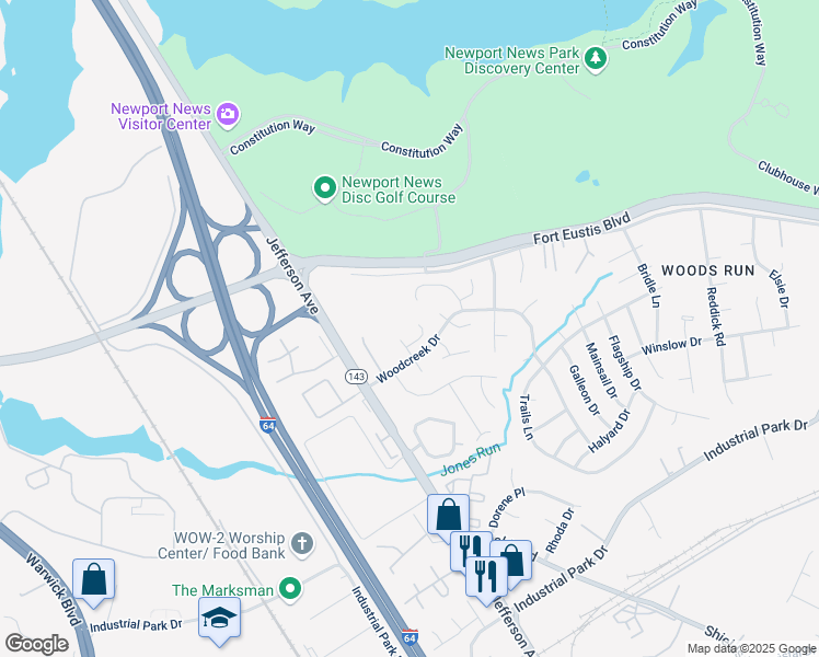 map of restaurants, bars, coffee shops, grocery stores, and more near 13419 Oakleaf Court in Newport News