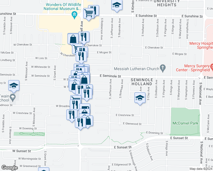 map of restaurants, bars, coffee shops, grocery stores, and more near 316 East Silsby Street in Springfield