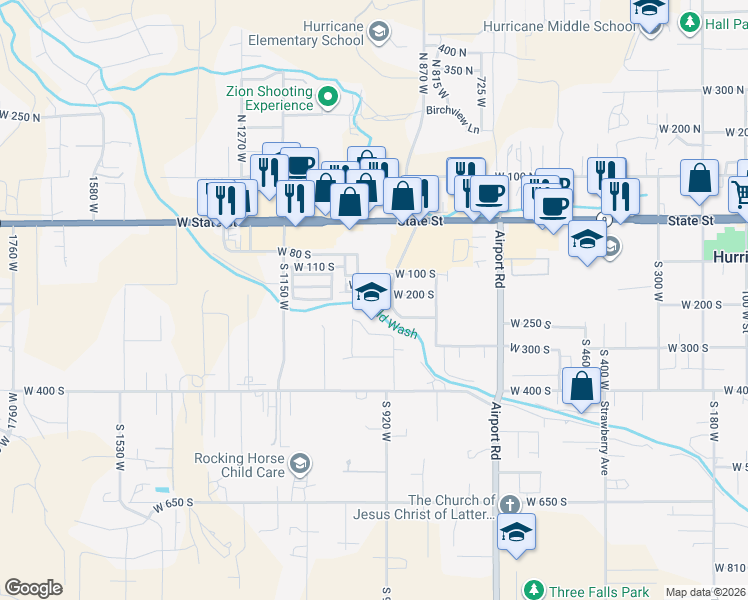 map of restaurants, bars, coffee shops, grocery stores, and more near 237 South 950 West in Hurricane