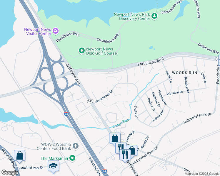 map of restaurants, bars, coffee shops, grocery stores, and more near 714 Ninebark Court in Newport News