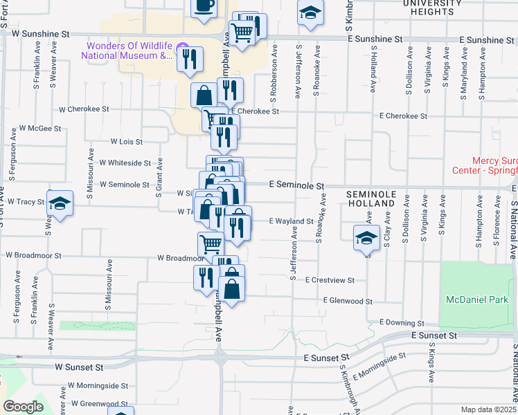 map of restaurants, bars, coffee shops, grocery stores, and more near 214 East Seminole Street in Springfield