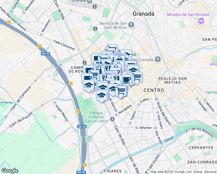 map of restaurants, bars, coffee shops, grocery stores, and more near 19 Calle Obispo Hurtado in Granada