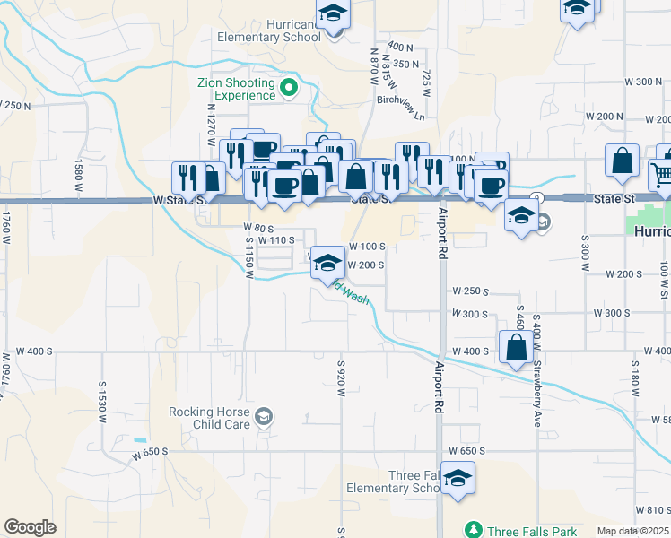 map of restaurants, bars, coffee shops, grocery stores, and more near 231 South 950 West in Hurricane