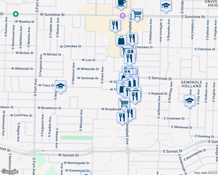 map of restaurants, bars, coffee shops, grocery stores, and more near 617 West Silsby Street in Springfield