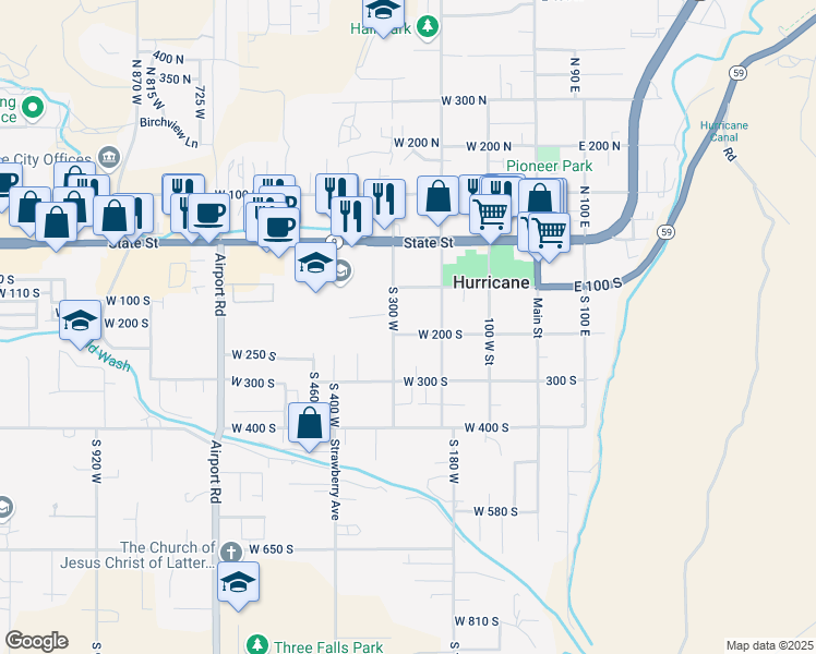 map of restaurants, bars, coffee shops, grocery stores, and more near 266 West 200 South in Hurricane