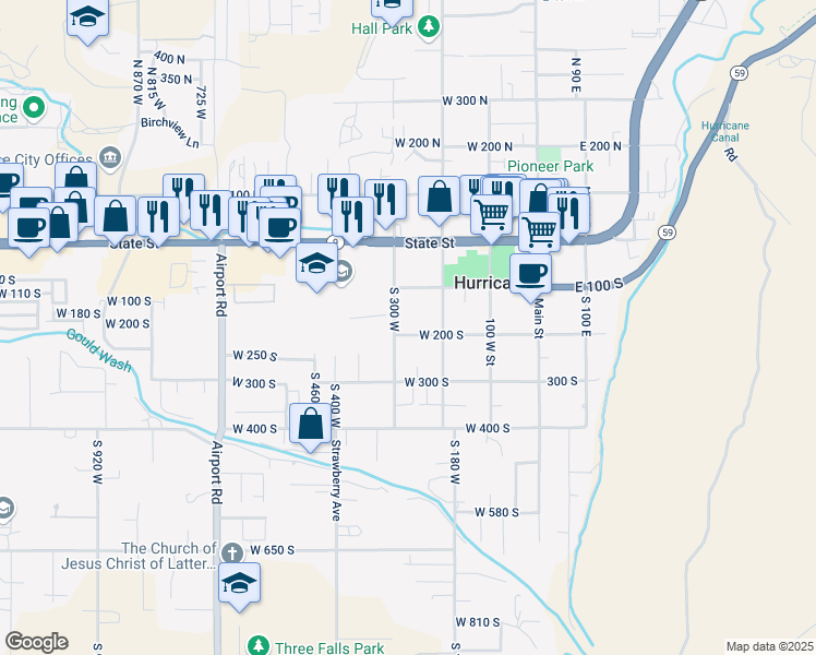 map of restaurants, bars, coffee shops, grocery stores, and more near 266 West 200 South in Hurricane