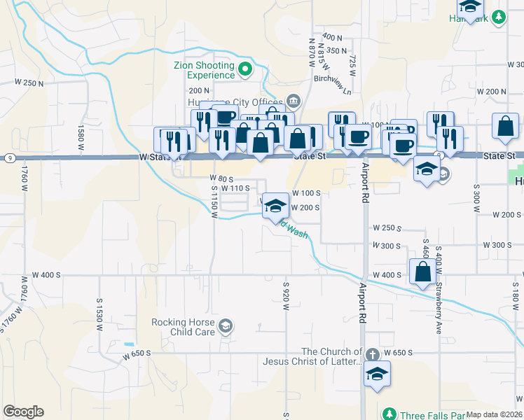 map of restaurants, bars, coffee shops, grocery stores, and more near 1029 West 200 South in Hurricane
