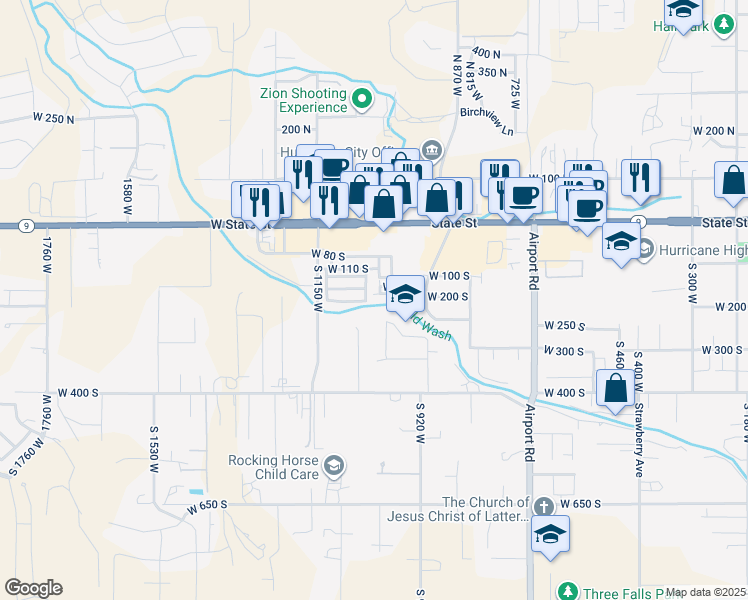 map of restaurants, bars, coffee shops, grocery stores, and more near 1073 West 200 South in Hurricane